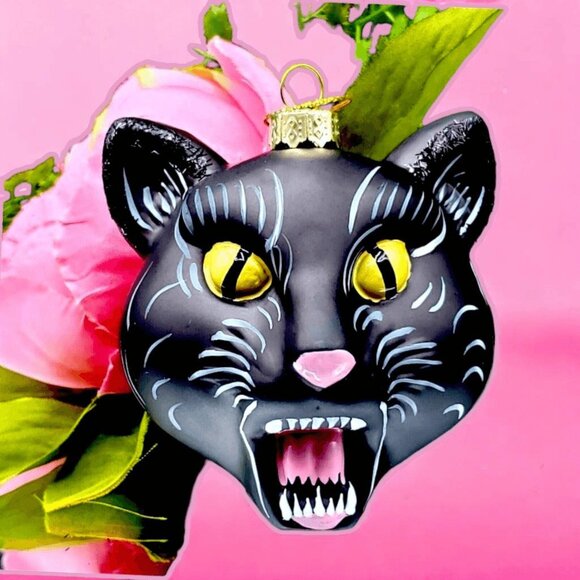 Halloween Black Cat Glass Ornament Gothmas Tree Scardy Cat Hissing Cat Ornament - Picture 1 of 10